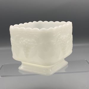 Vtg Milk Glass Footed Pedestal Candy Square Bowl Planter Grape Leaf Grannycore